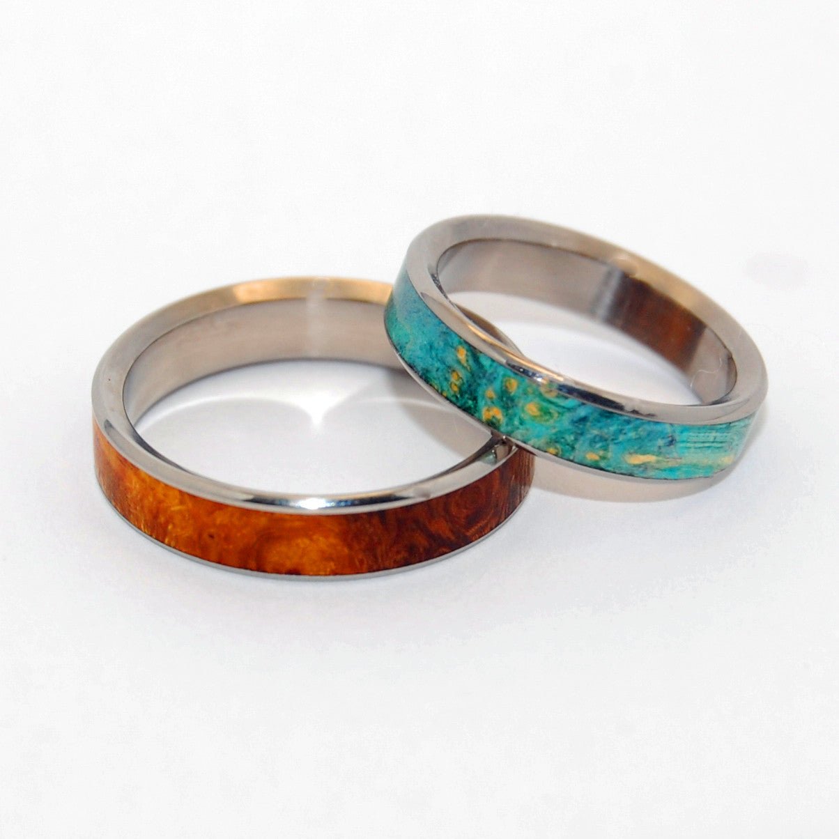 2 Hearts 1 Soul | Desert Ironwood & Blue Box Elder Wood Titanium & Wood Wedding Ring - Minter and Richter Designs