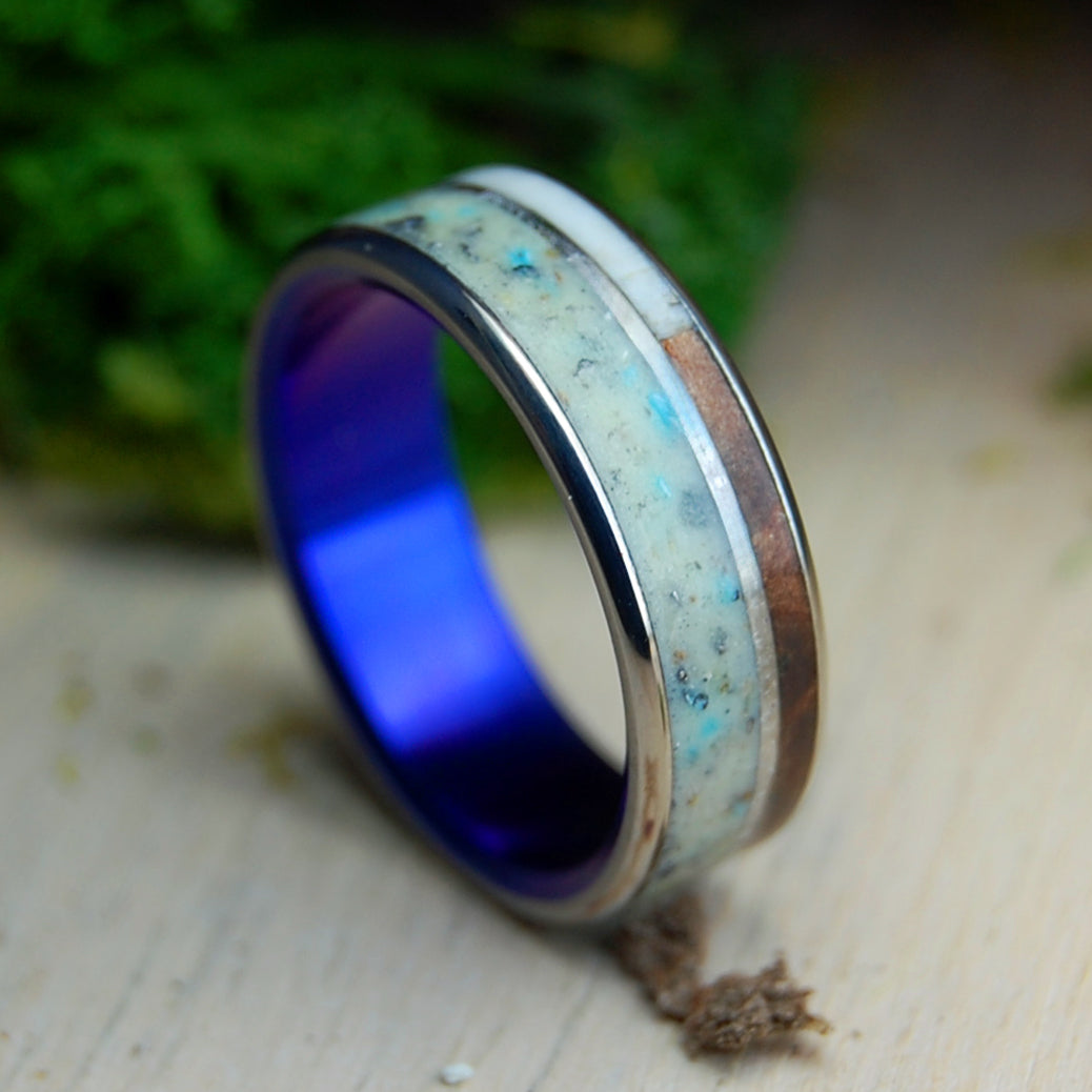 23 VOLTS | Men's Crushed Meteorite & Moose, Redwood, Sand, Turquoise & Titanium Wedding Ring