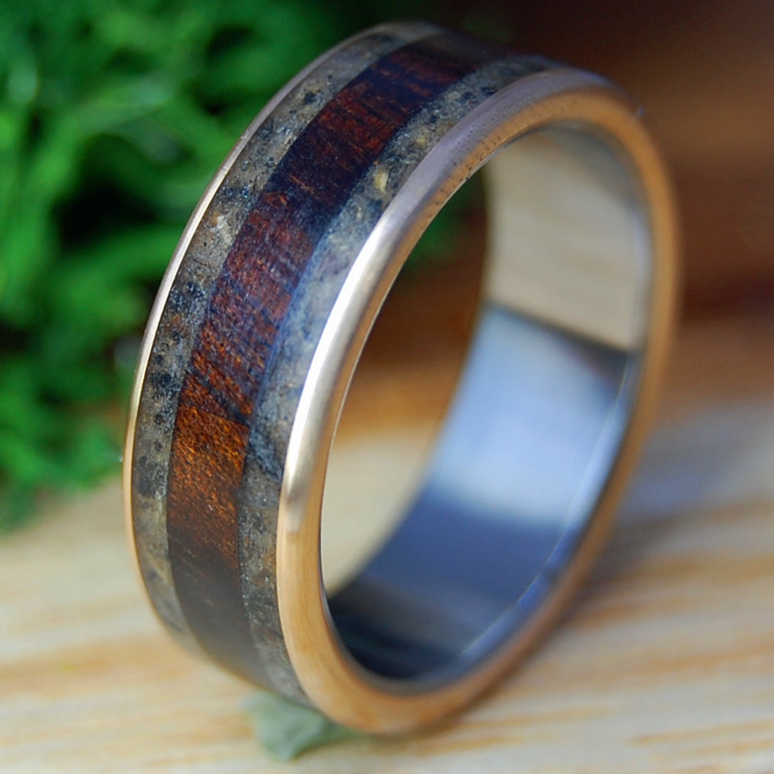 ARMENIAN OREGON DRIFT | Men's Driftwood, Oregon Lava, Koa Wood, Armenian Obsidian, & Bronze & Titanium Wedding Ring