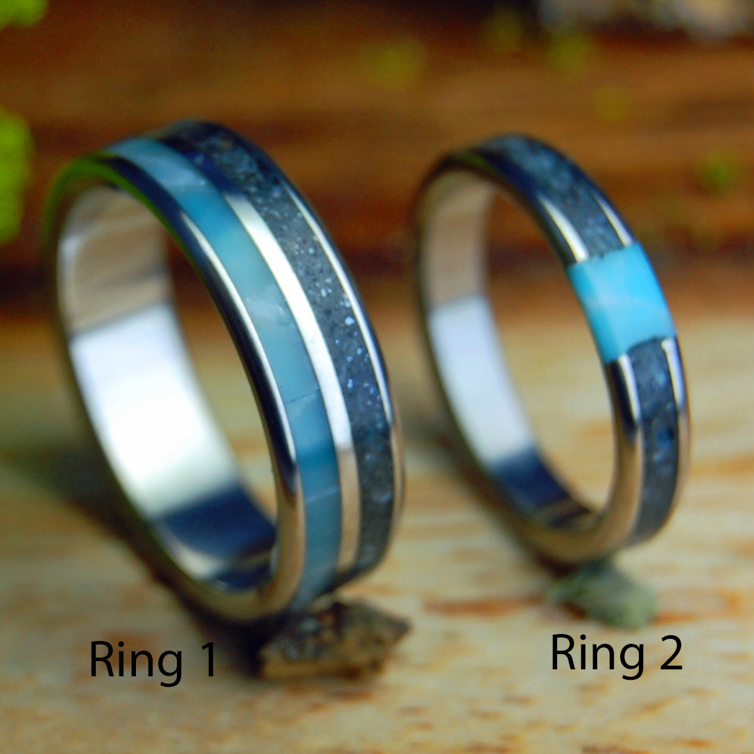 ASSATEAGUE SKIES SET | Assateague Beach Sand & Larimar Stone Titanium Wedding Rings