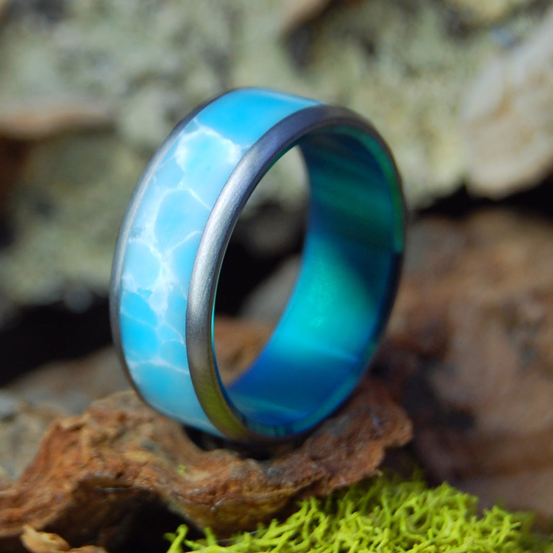 BLUE SKY WEDDING DAY GREEN | Larimar & Titanium - Stone Wedding Rings - Minter and Richter Designs