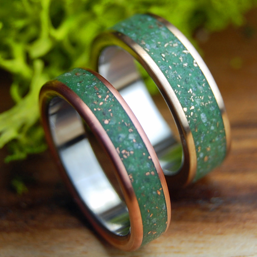 SPARKLING MEADOWS, GLISTENING HILLS SET | Crushed Copper & Connemara Marble, Crushed Bronze & Connemara Marble - Wedding Rings Set