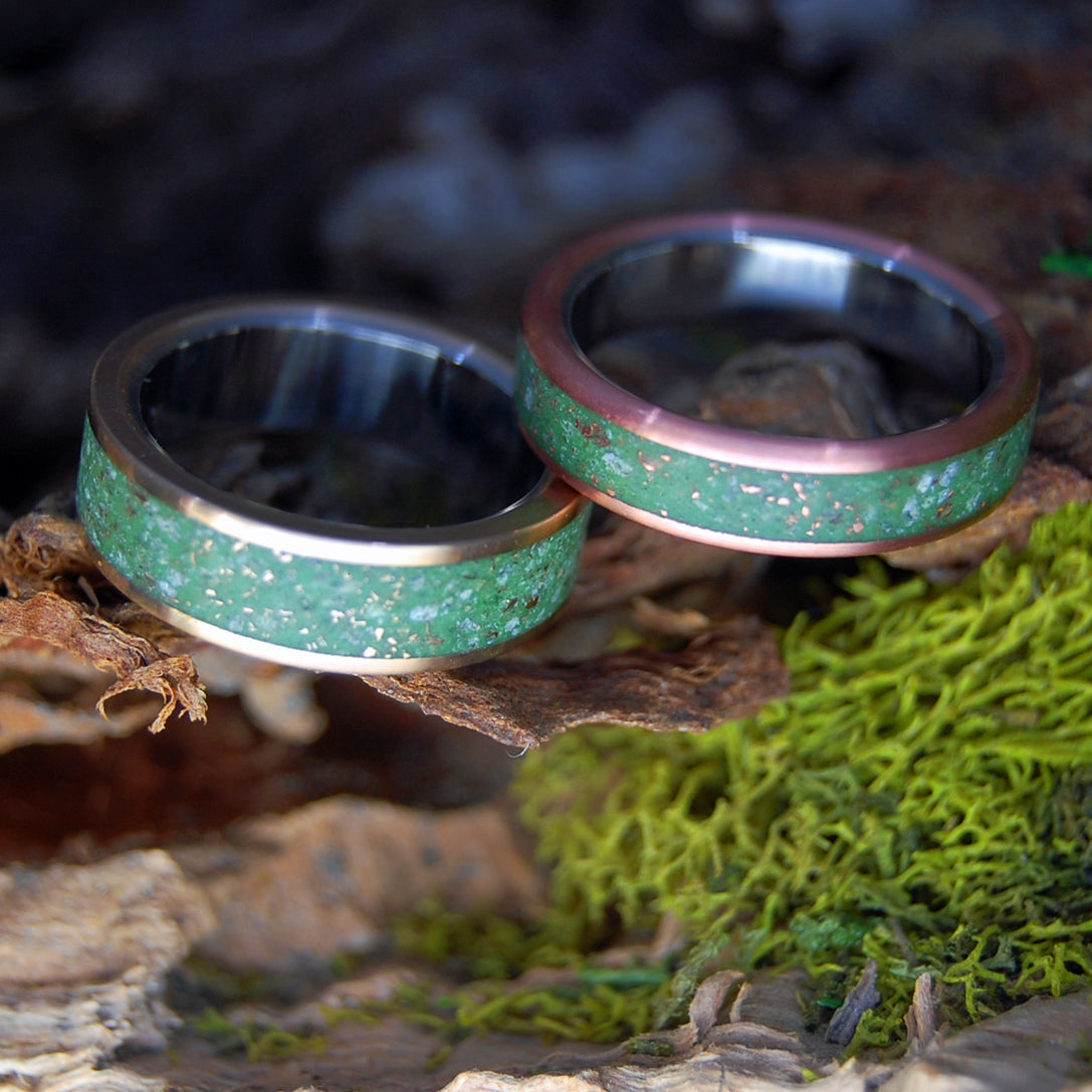 SPARKLING MEADOWS, GLISTENING HILLS SET | Crushed Copper & Connemara Marble, Crushed Bronze & Connemara Marble - Wedding Rings Set