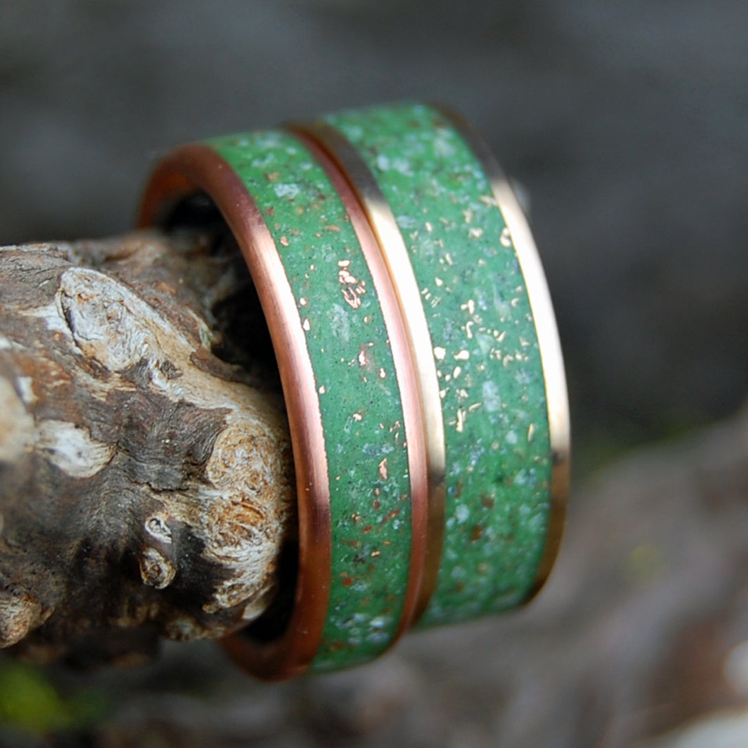 SPARKLING MEADOWS, GLISTENING HILLS SET | Crushed Copper & Connemara Marble, Crushed Bronze & Connemara Marble - Wedding Rings Set