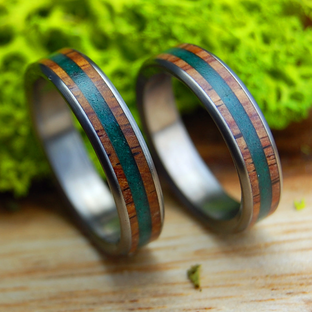 CRUSHED JADE LIGHT COCO SET | Men's & Women's Crushed Jade & Cocobolo Wood & Titanium Wedding Rings