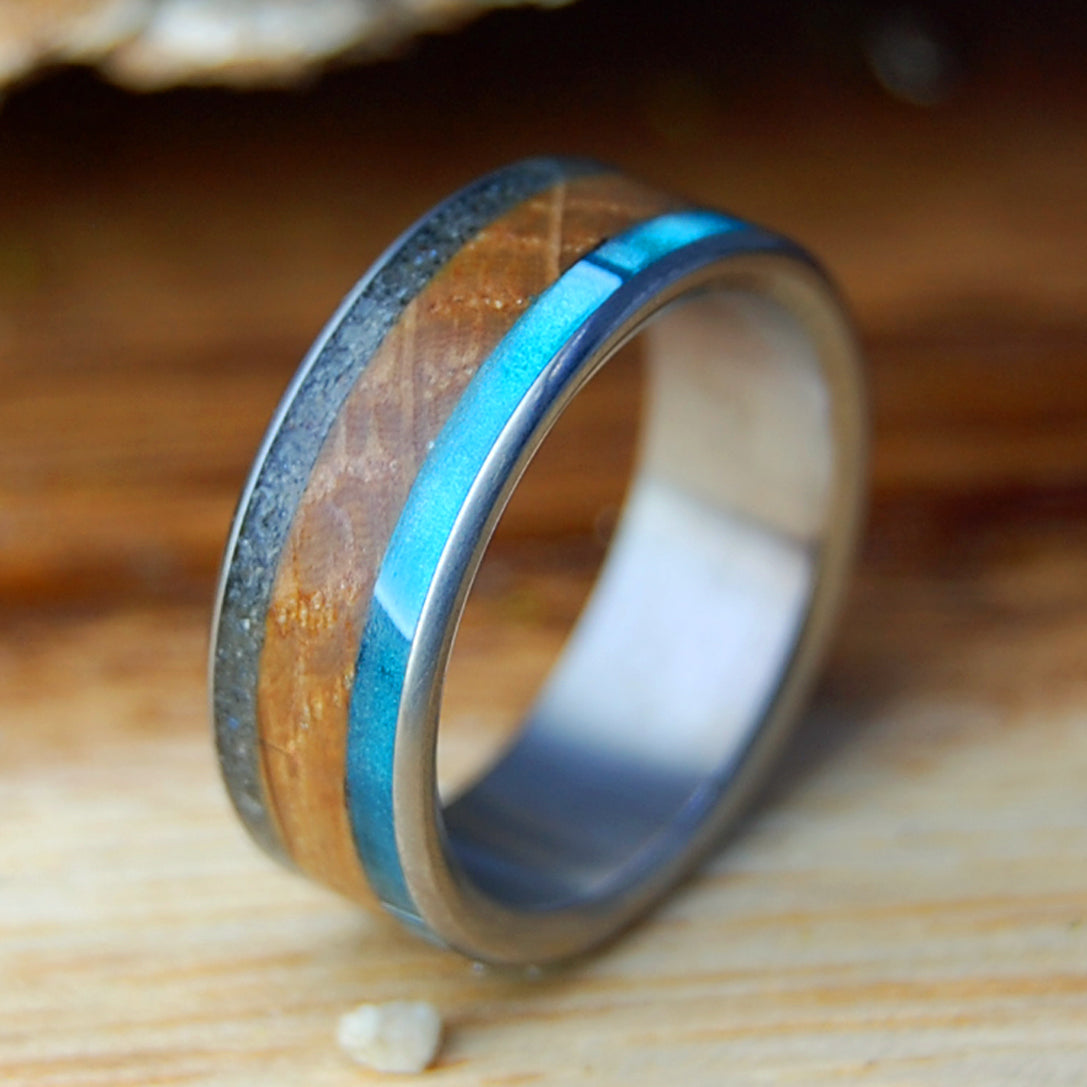 DRUNK ON FOLLY | Men's Whiskey Barrel, Folly Beach Sand, Alligator Teeth, Aquatic Blue & Titanium Wedding Ring
