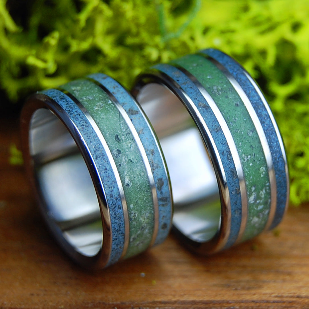 FOLLY RIVER RHINE CONNEMARA SET | His & Hers River Rhine Germany, Folly Beach SC Beach Sand, Connemara Marble & Titanium Wedding Rings