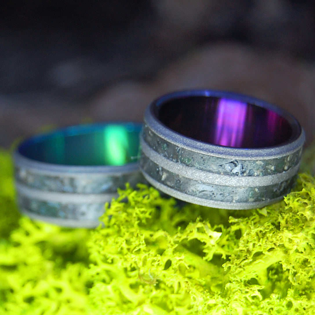 ARMENIAN OBSIDIAN TOMB OF CHRIST GREEN & PURPLE SET | Armenian Obsidian Stone & Tomb of Christ Rocks - Unique Wedding Rings