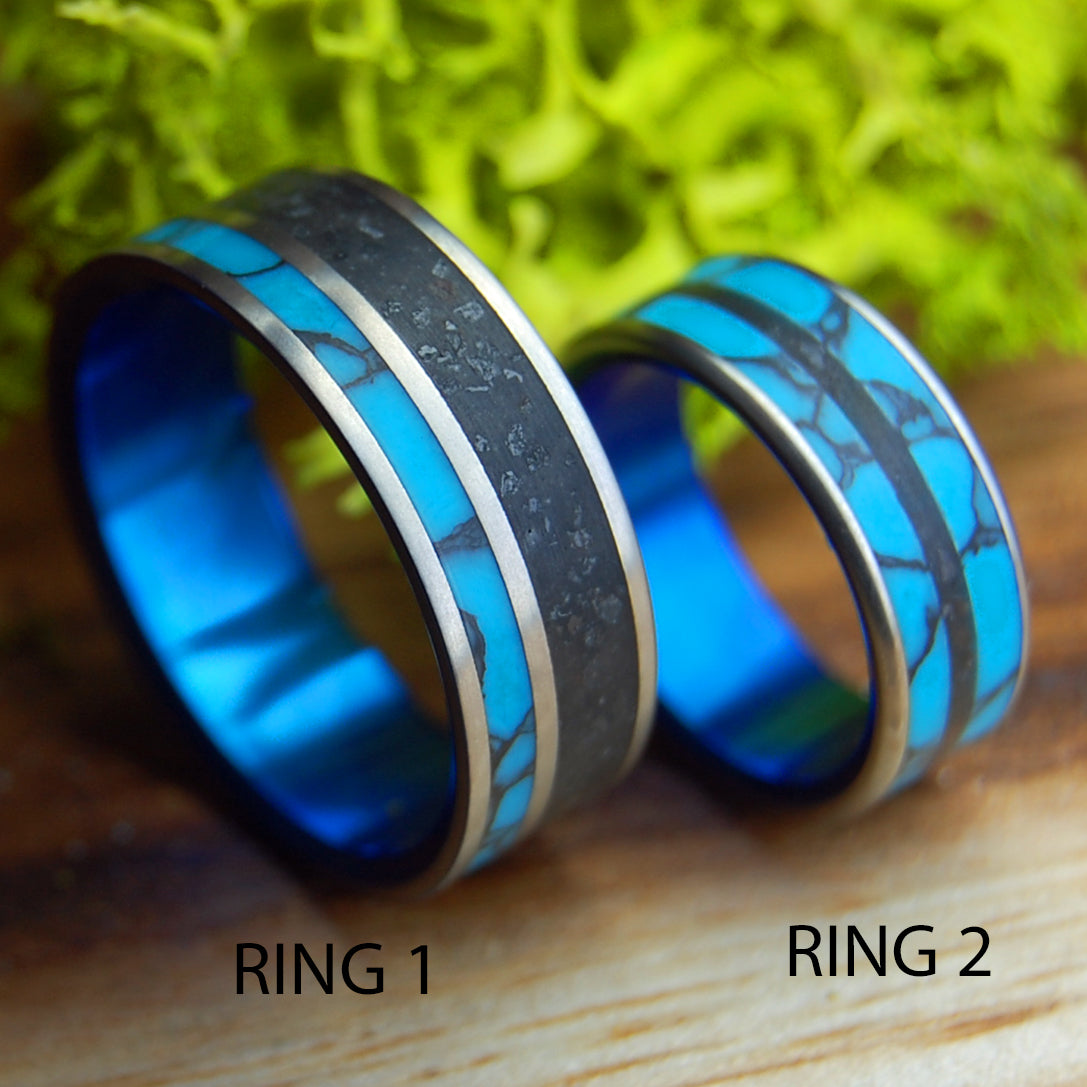 ICELANDIC DIAMOND SEA ICEBERG SET | Icelandic Lava, Turquoise - Titanium Wedding Rings