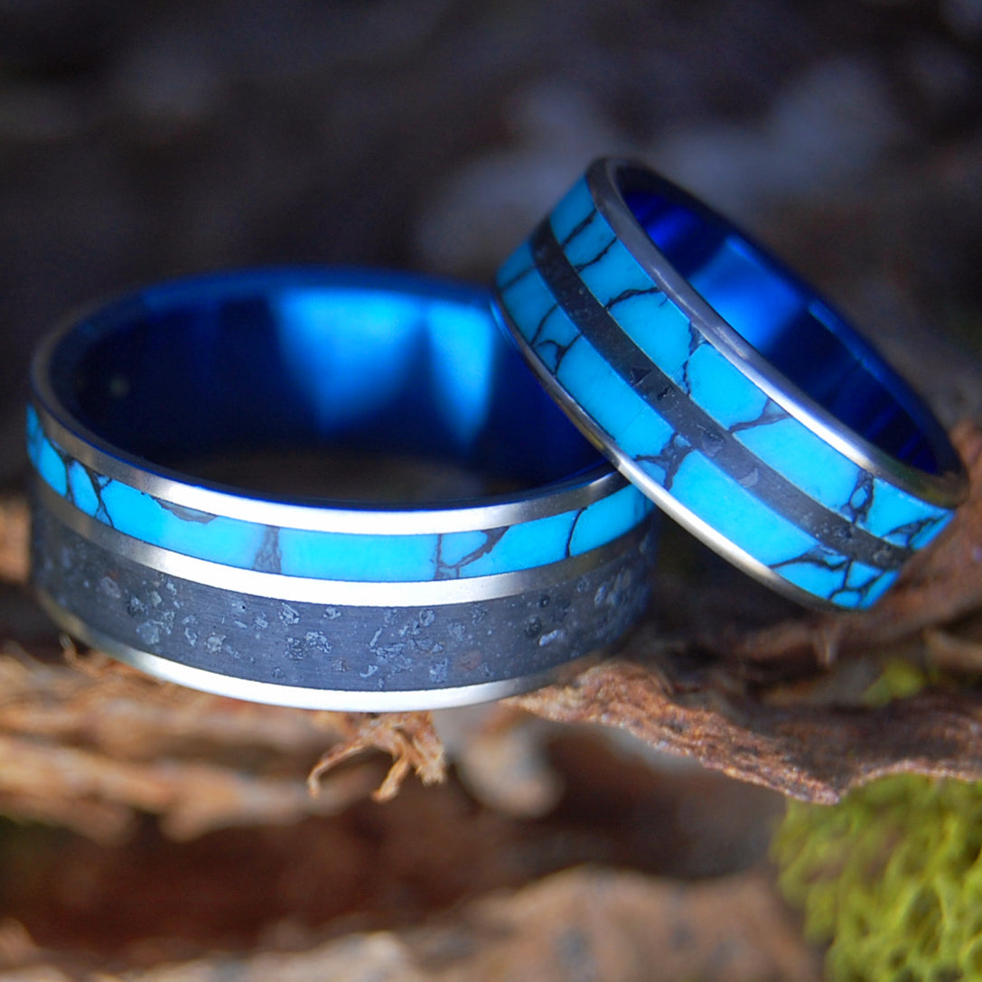 ICELANDIC DIAMOND SEA ICEBERG SET | Icelandic Lava, Turquoise - Titanium Wedding Rings