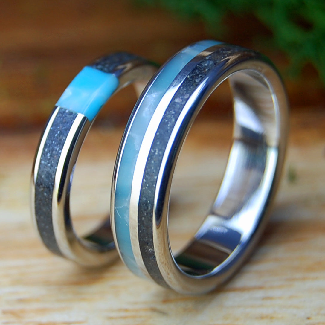 INOX ASSATEAGUE SKIES SET | Assateague Beach Sand & Larimar Stone Inox Steel Wedding Rings
