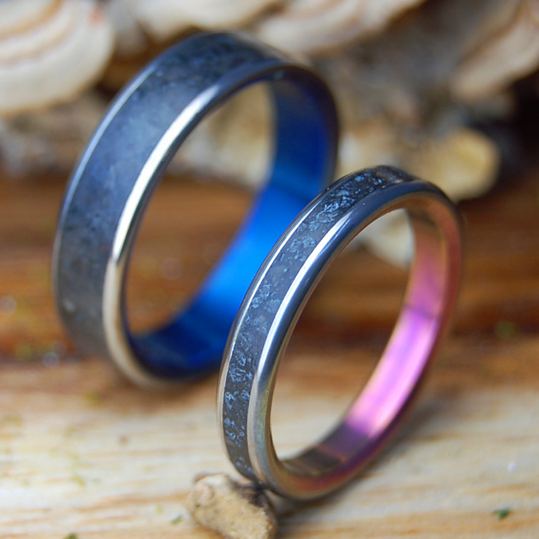 ICELANDIC LAVA BLUE & PINK SET | Icelandic Volcanic Beach Sand And Lava - Unique Wedding Rings