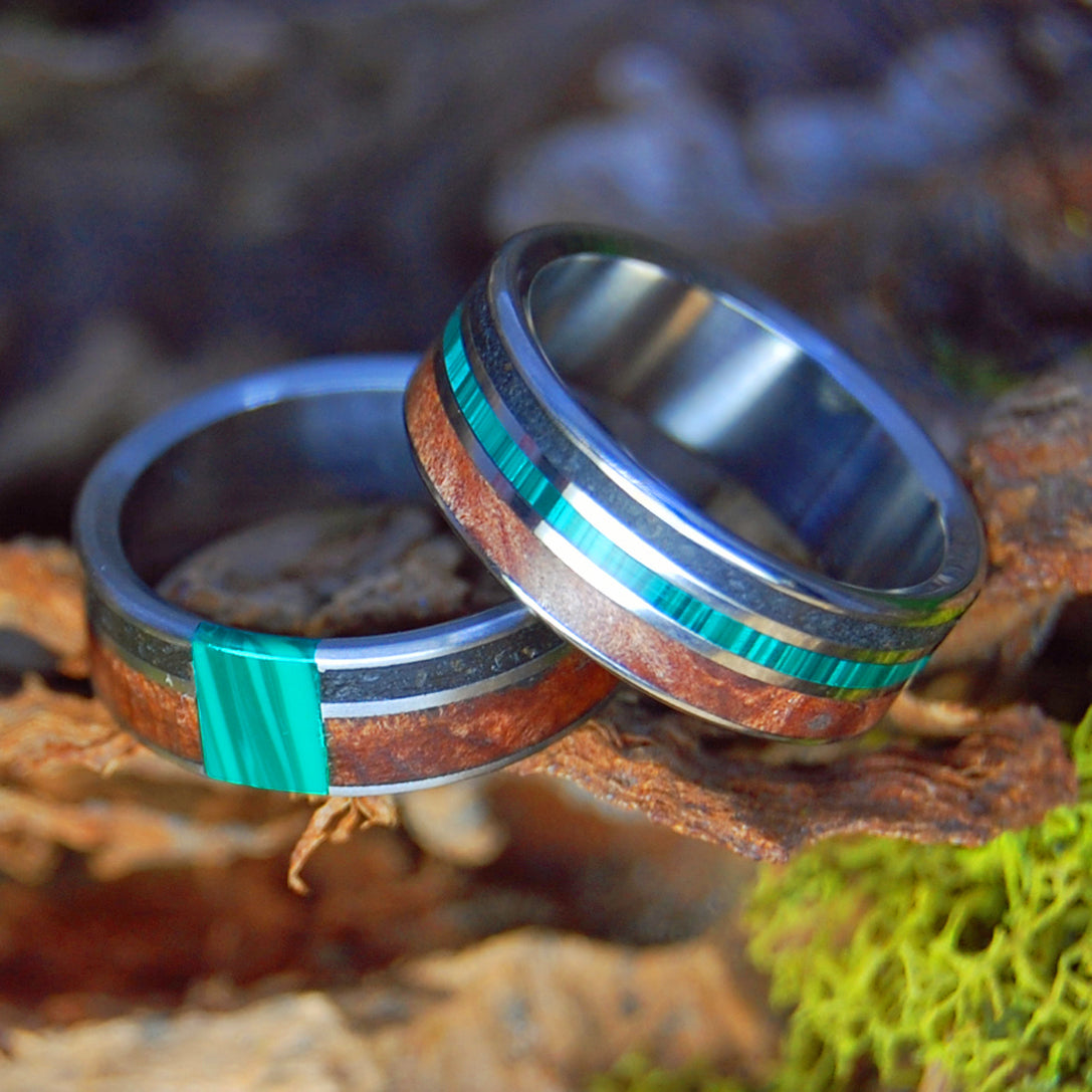 MALACHITE UNITES SET | Malachite Stone, Oregon Lava, CA Redwood & Titanium Wedding Rings