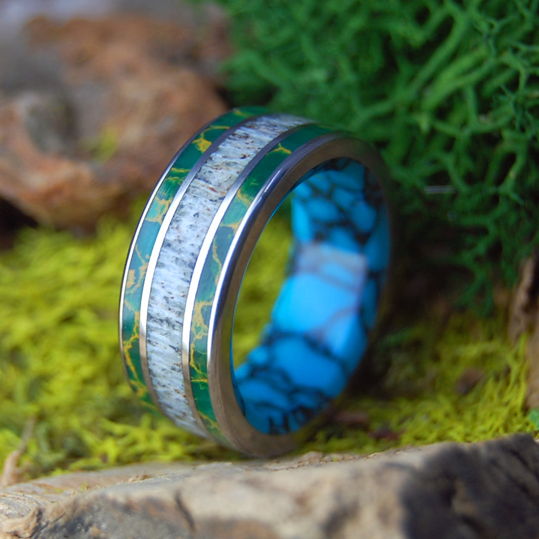 MOOSE IN MAINE GRASS | Men's Egyptian Jade, Turquoise, & Moose Antler Wedding Ring