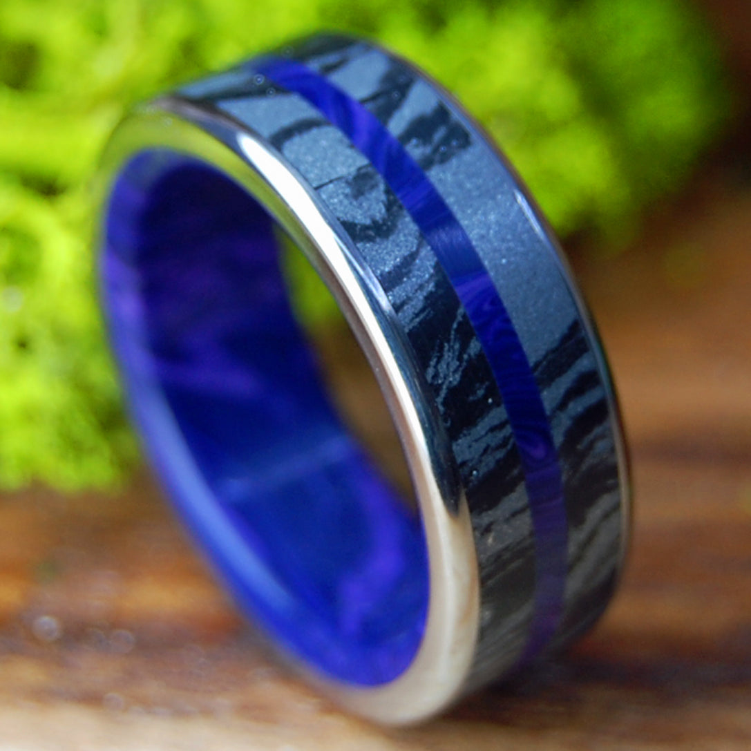 ROUNDED DEEP PURPLE FJORD | Men's Charoite Stone, Black Silver Mokume Gane & Titanium Wedding Ring