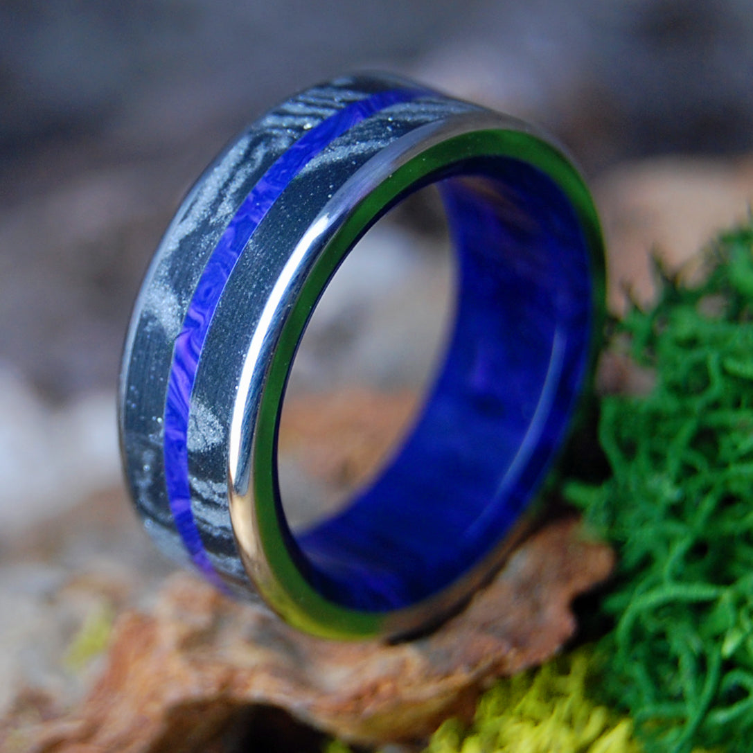 ROUNDED DEEP PURPLE FJORD | Men's Charoite Stone, Black Silver Mokume Gane & Titanium Wedding Ring