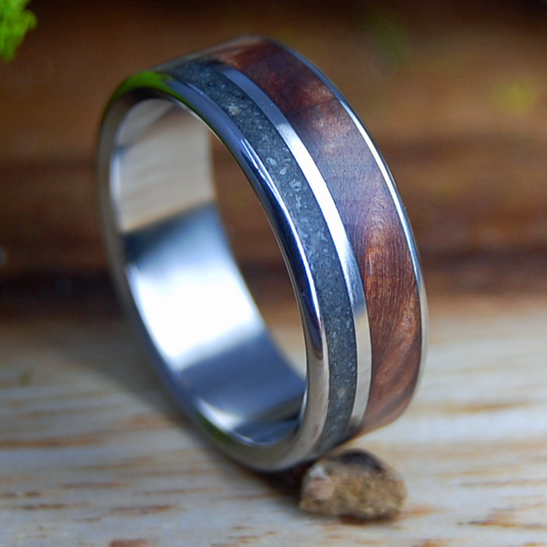 ROUNDED REDWOOD LAKE TAHOE | Men's Lake Tahoe Beach Sand, Redwood & Titanium Wedding Ring