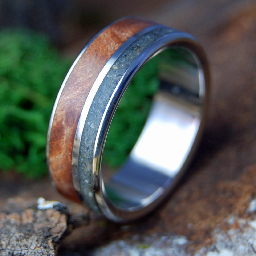 ROUNDED REDWOOD LAKE TAHOE | Men's Lake Tahoe Beach Sand, Redwood & Titanium Wedding Ring
