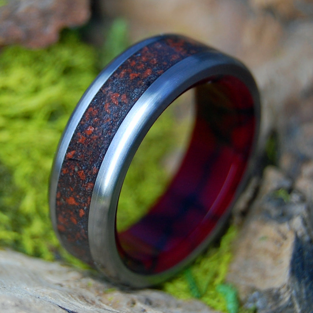 SOUL OF THE CERATOPS | Men's Triceratop Teeth, T-Rex Bone & Oregon Red Lava - Titanium Wedding Ring