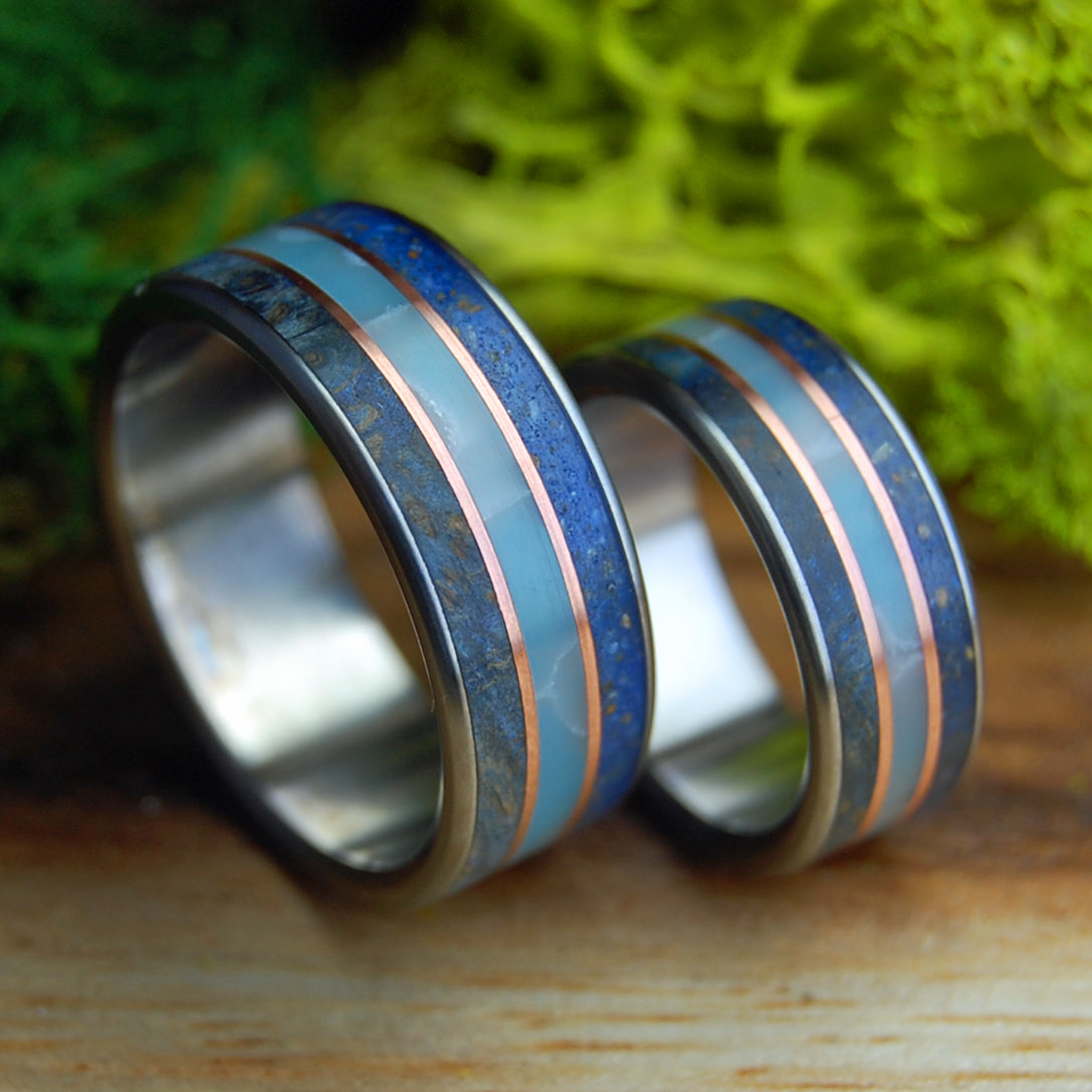 VERO BEACH TI SET | His & Hers Blue Box Elder Wood, Vero Beach Sand, Larimar Stone, Copper & Titanium Wedding Rings
