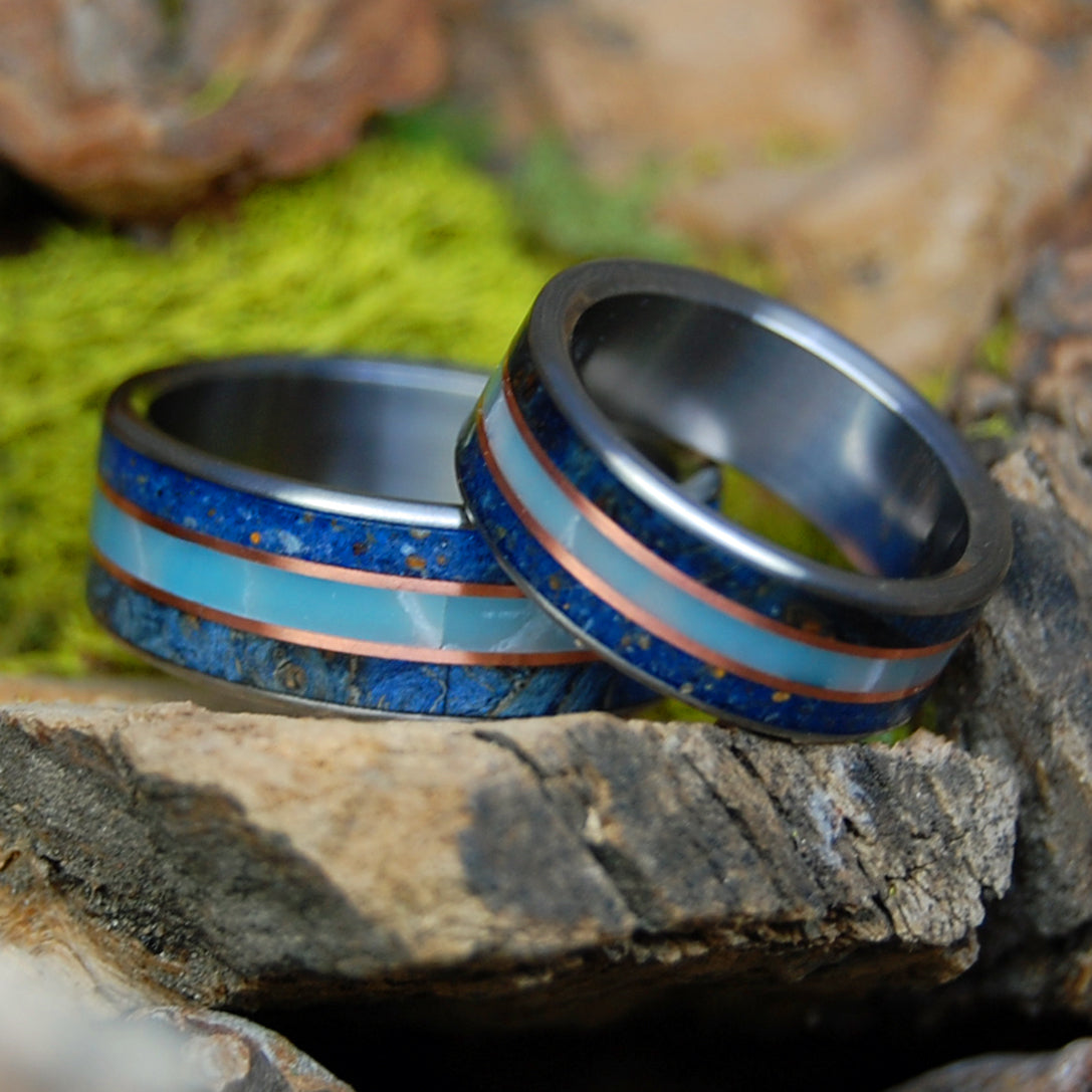 VERO BEACH TI SET | His & Hers Blue Box Elder Wood, Vero Beach Sand, Larimar Stone, Copper & Titanium Wedding Rings