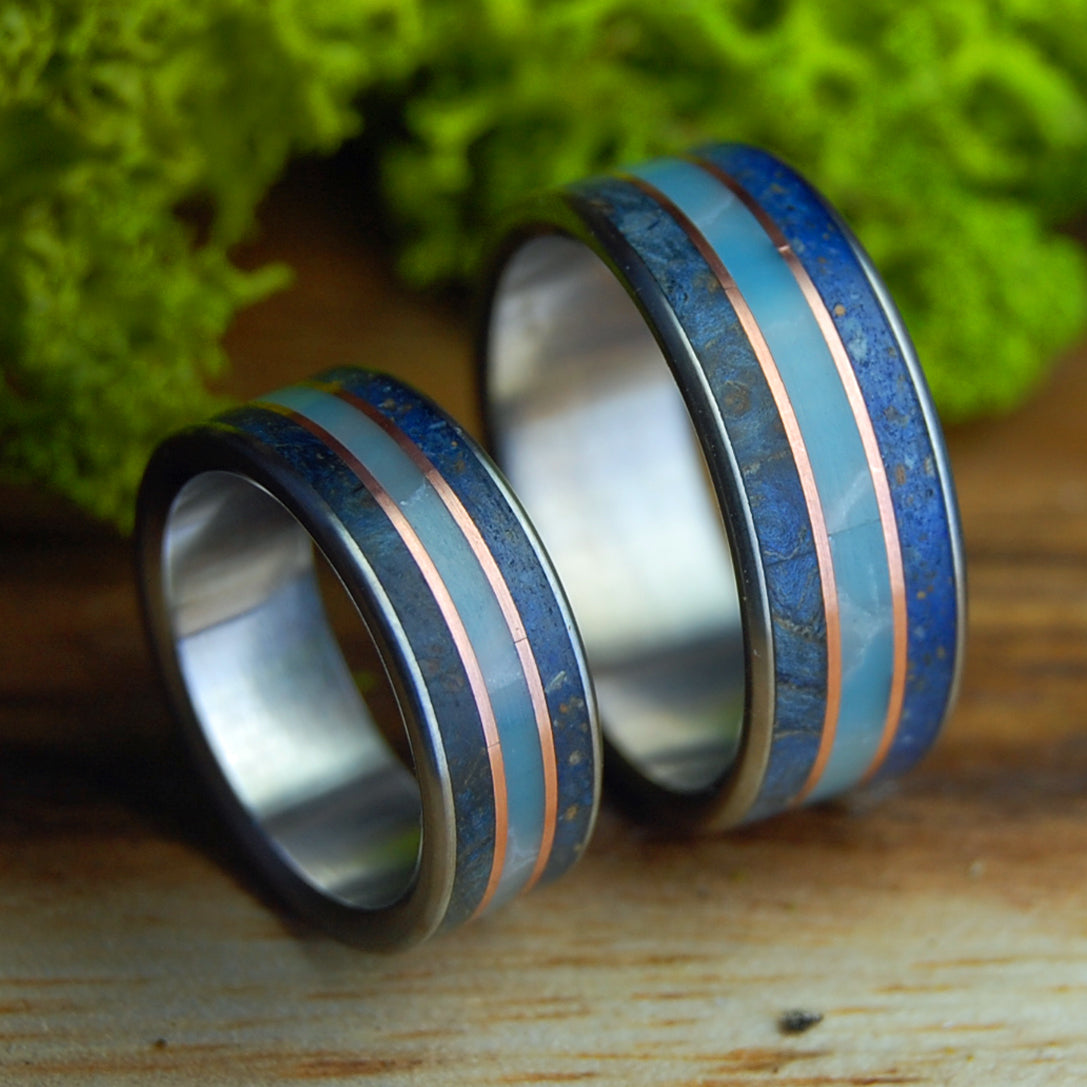 VERO BEACH TI SET | His & Hers Blue Box Elder Wood, Vero Beach Sand, Larimar Stone, Copper & Titanium Wedding Rings