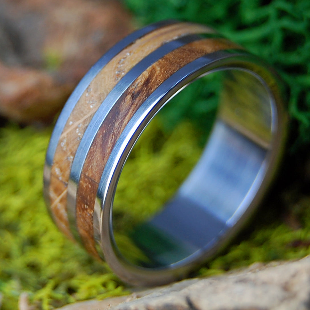 WHISKEY WOOLLEY | Men's Whiskey Barrel & Box Elder Wood & Titanium Wedding Ring