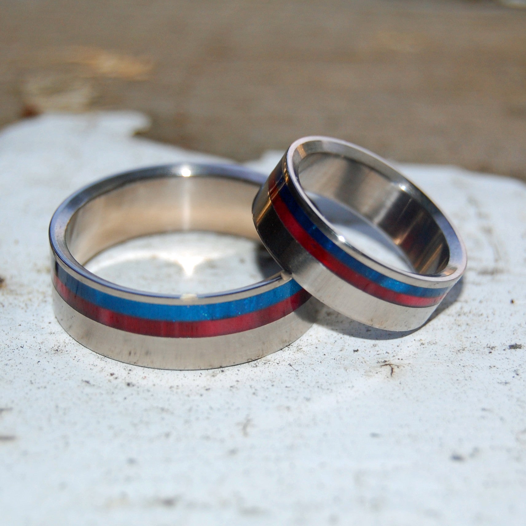 Act Of Freedom | Blue & Red Resin Wedding Ring Set - Minter and Richter Designs