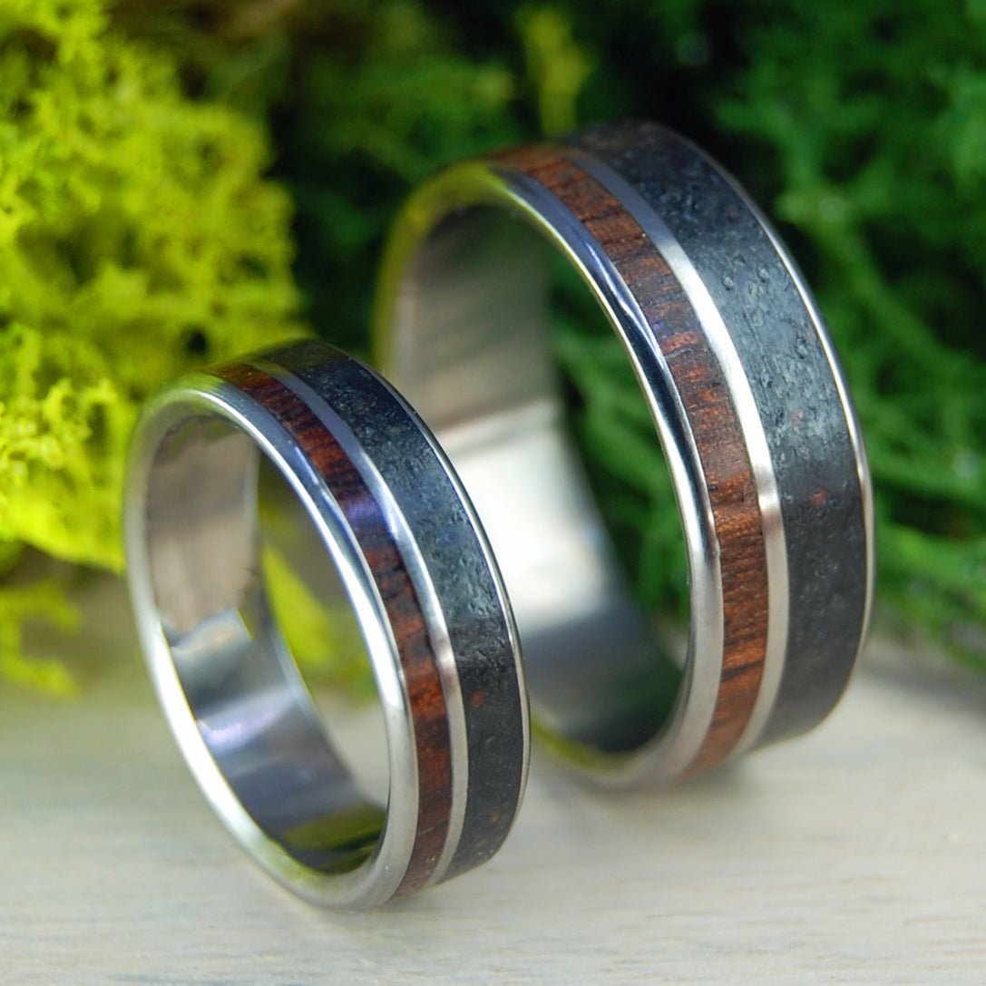 Alaskan Heart Set | Alaskan Lava & Koa Wood - Titanium Wedding Ring - Minter and Richter Designs