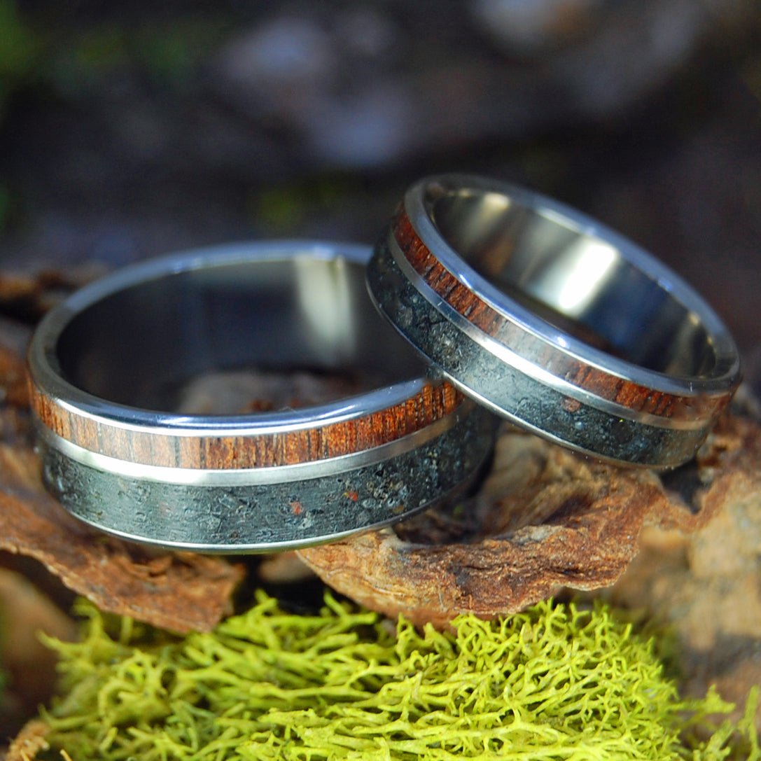 Alaskan Heart Set | Alaskan Lava & Koa Wood - Titanium Wedding Ring - Minter and Richter Designs