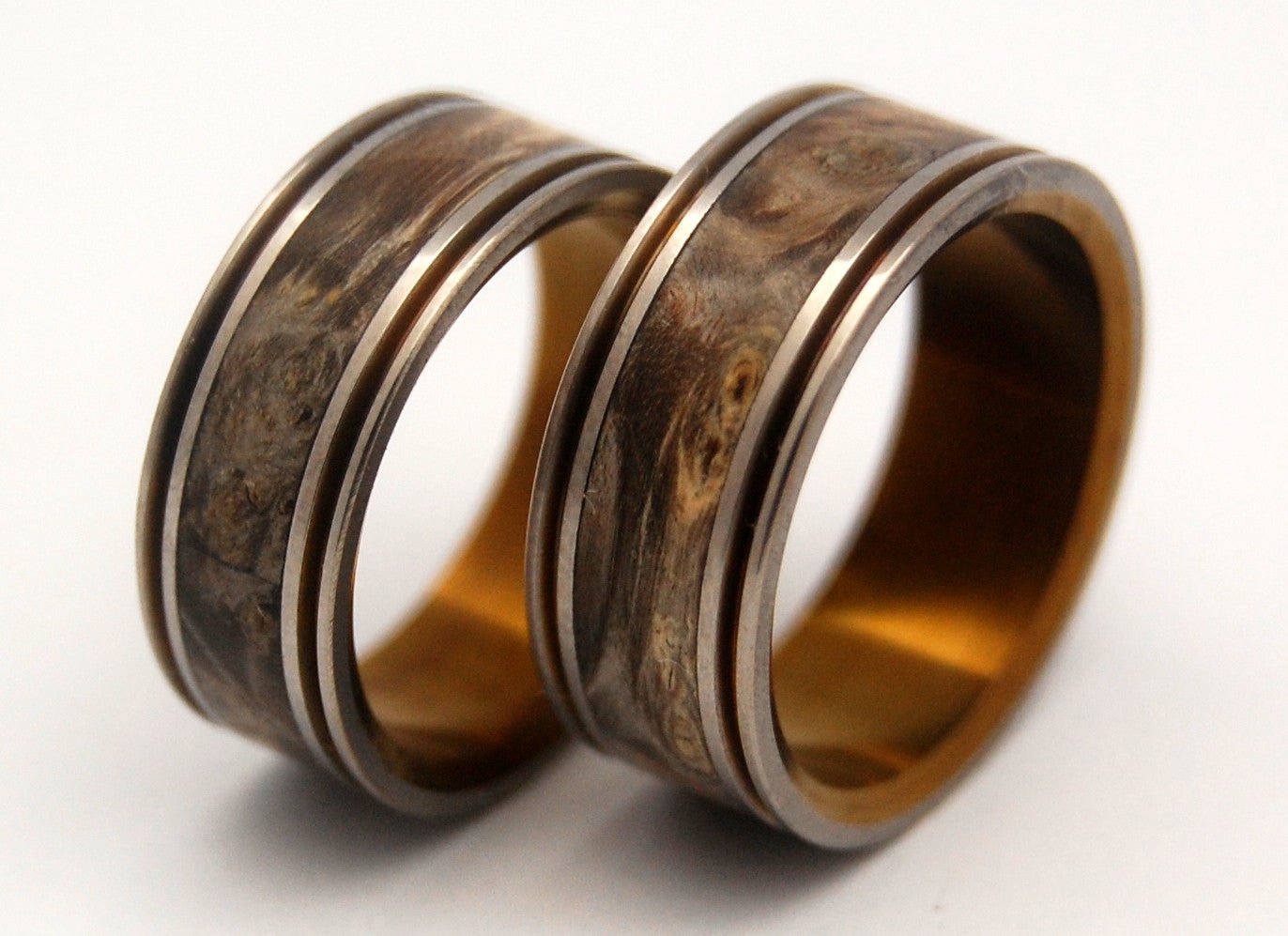 Alchemist Bronze | Box Elder Wood & Titanium Wedding Ring Set - Minter and Richter Designs