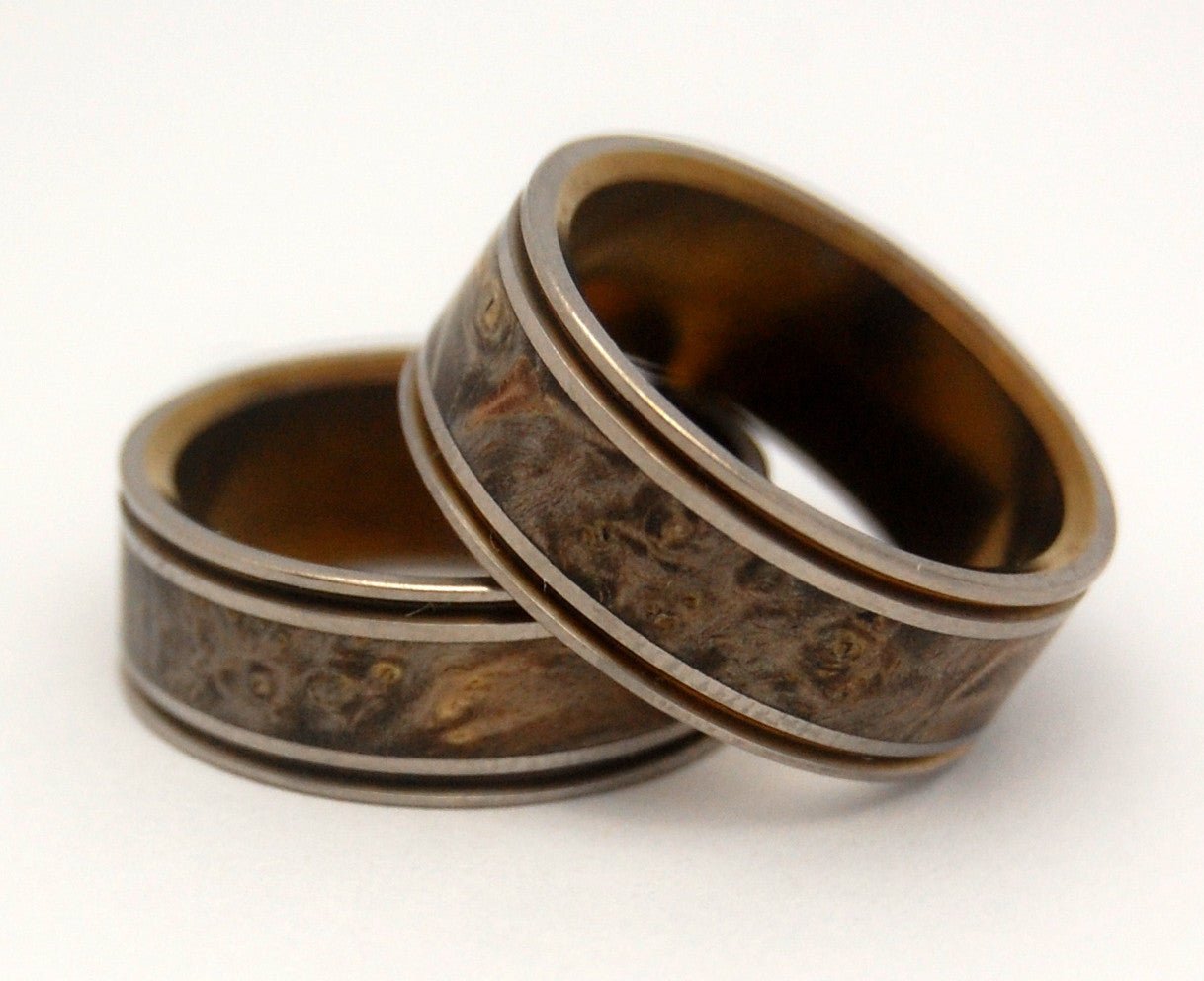 Alchemist Bronze | Box Elder Wood & Titanium Wedding Ring Set - Minter and Richter Designs