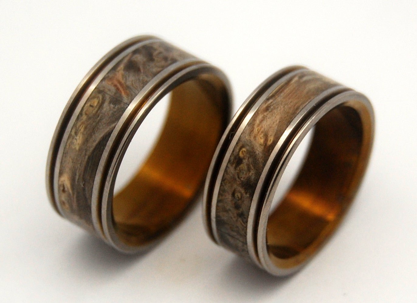 Alchemist Bronze | Box Elder Wood & Titanium Wedding Ring Set - Minter and Richter Designs