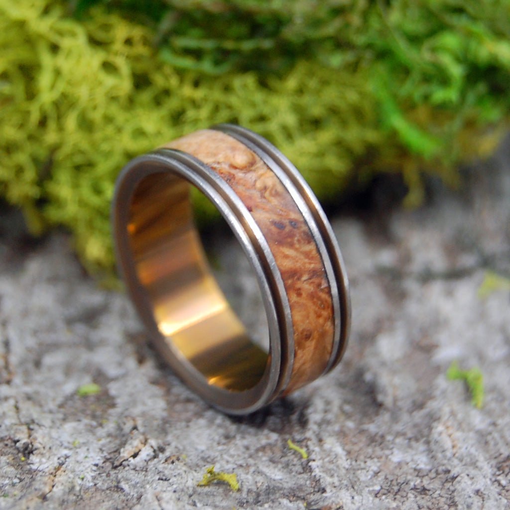 ALCHEMIST | Size 7.5 At 7mm | Golden Box Elder Wood | Unique Wedding Band | On Sale - Minter and Richter Designs