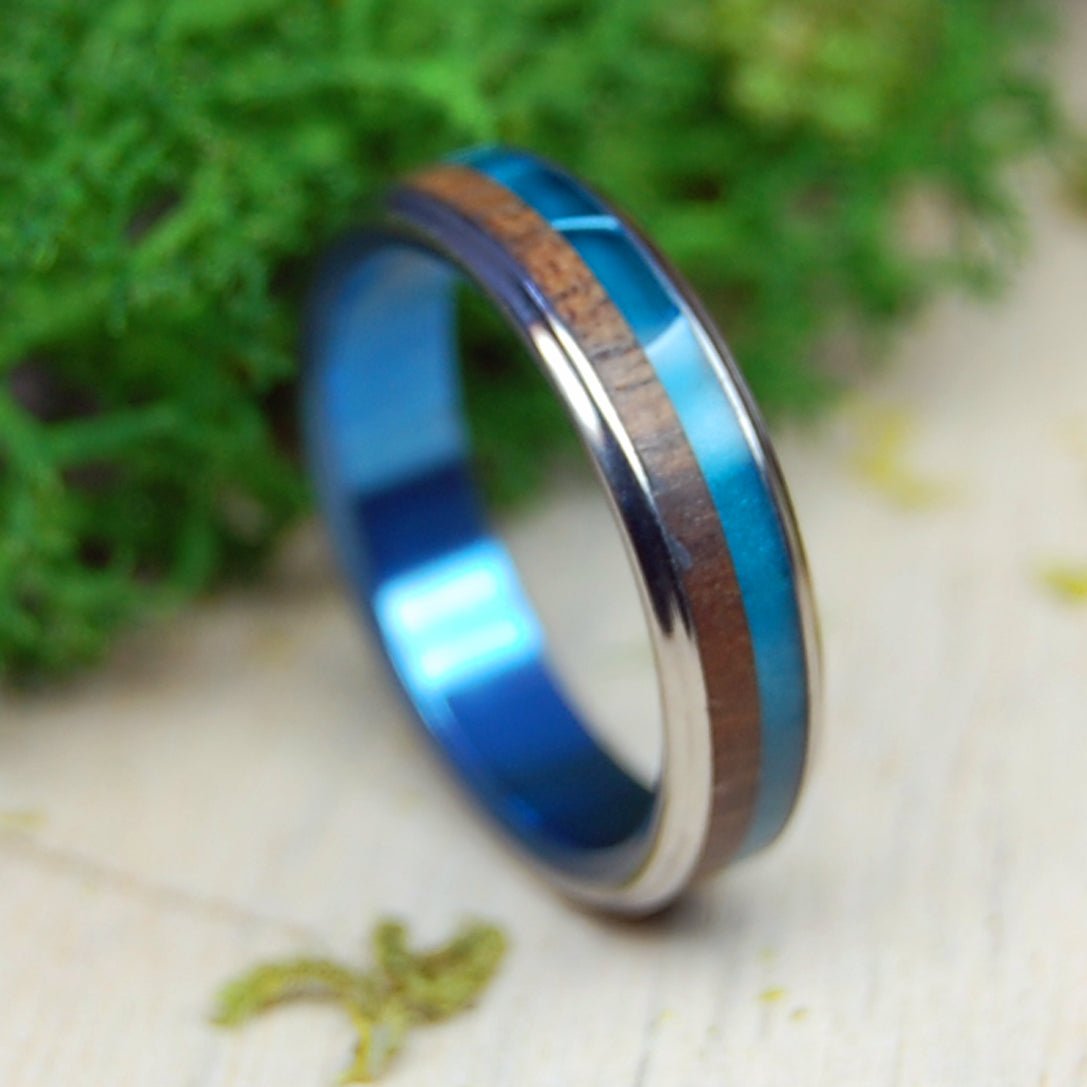 Aquatic Koa Flush | Women's Koa Wood and Blue Aquatic Resin & Titanium Wedding Ring - Minter and Richter Designs