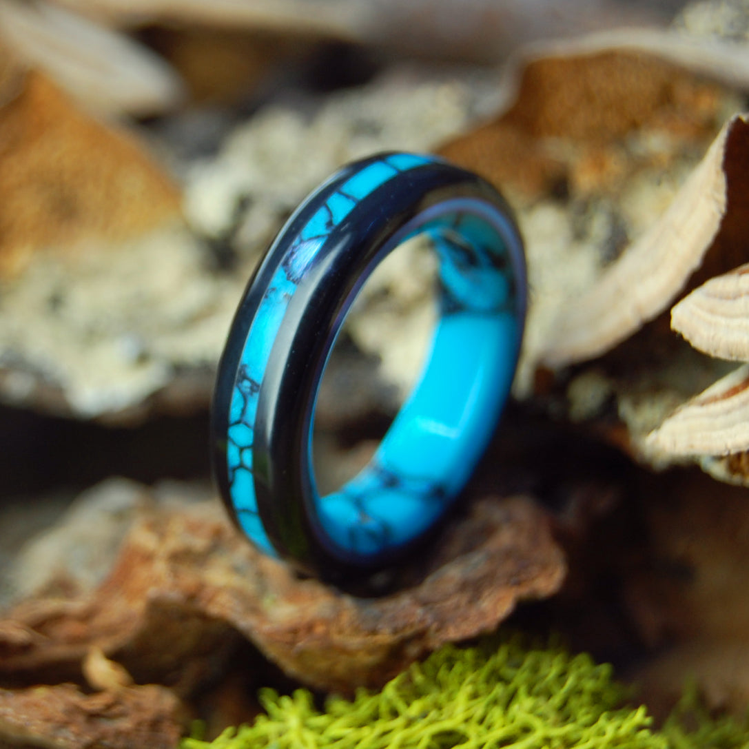 ARIZONA TURQUOISE IN AN ONYX NIGHT | Stone & Titanium Wedding Rings - Minter and Richter Designs