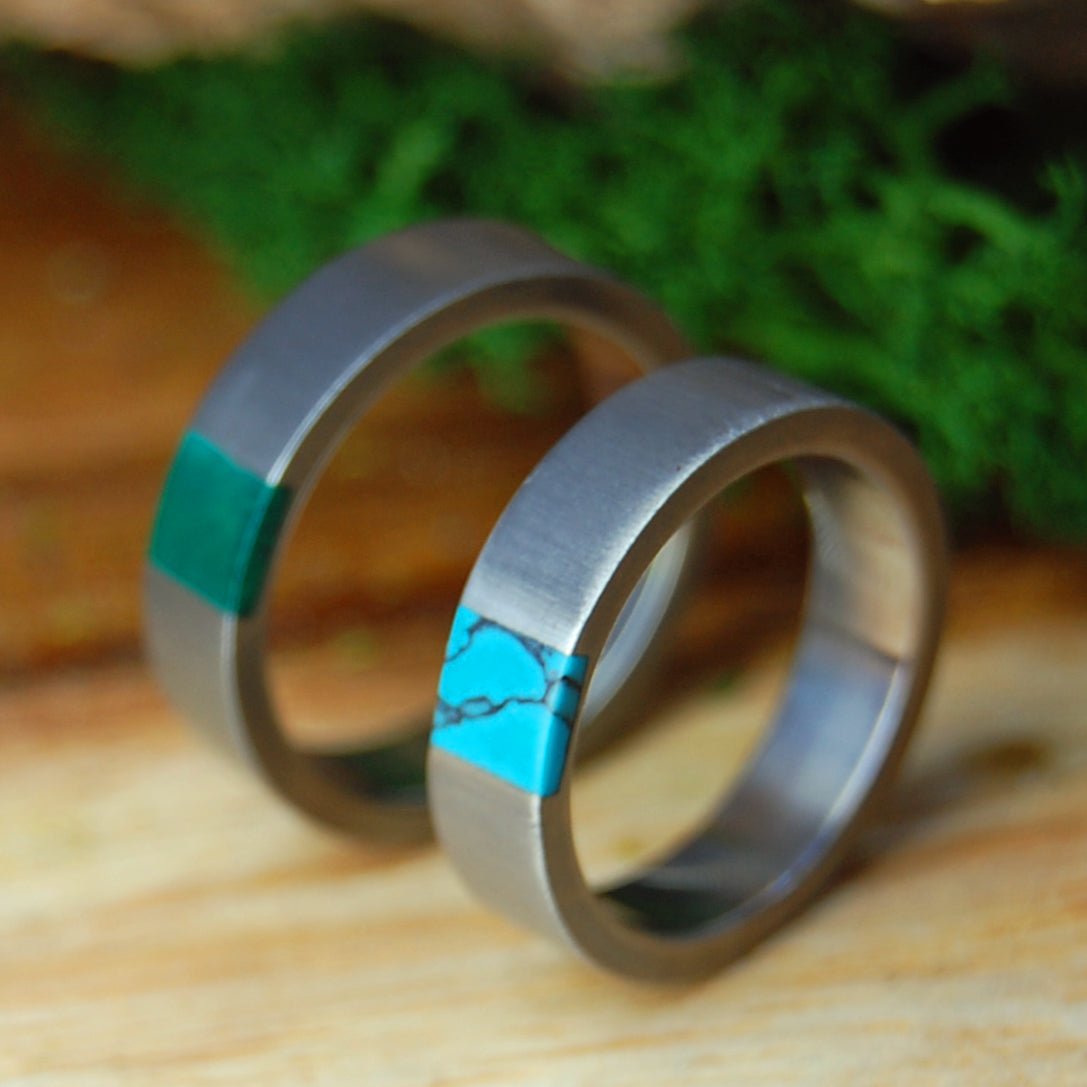 ARRANT TRUTH IN JADE & TURQUOISE | Titanium, Turquoise & Jade Stone Wedding Rings - Unique Wedding Rings Set - Minter and Richter Designs