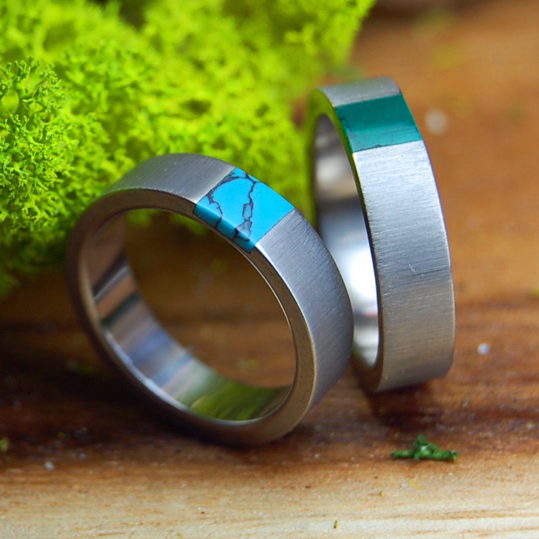 ARRANT TRUTH IN JADE & TURQUOISE | Titanium, Turquoise & Jade Stone Wedding Rings - Unique Wedding Rings Set - Minter and Richter Designs