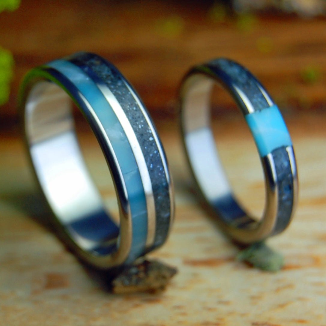 ASSATEAGUE SKIES SET | Assateague Beach Sand & Larimar Stone Titanium Wedding Rings - Minter and Richter Designs