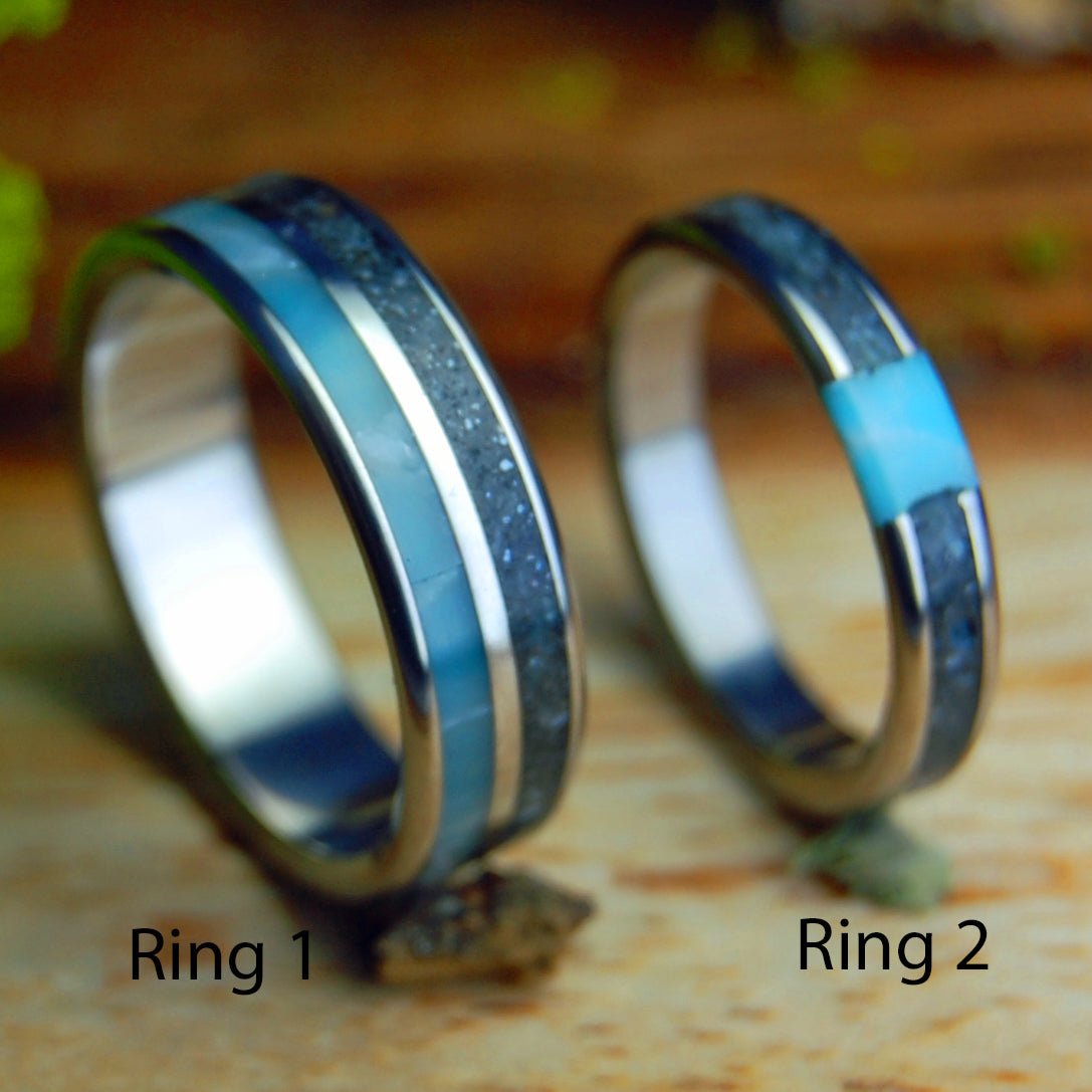ASSATEAGUE SKIES SET | Assateague Beach Sand & Larimar Stone Titanium Wedding Rings - Minter and Richter Designs