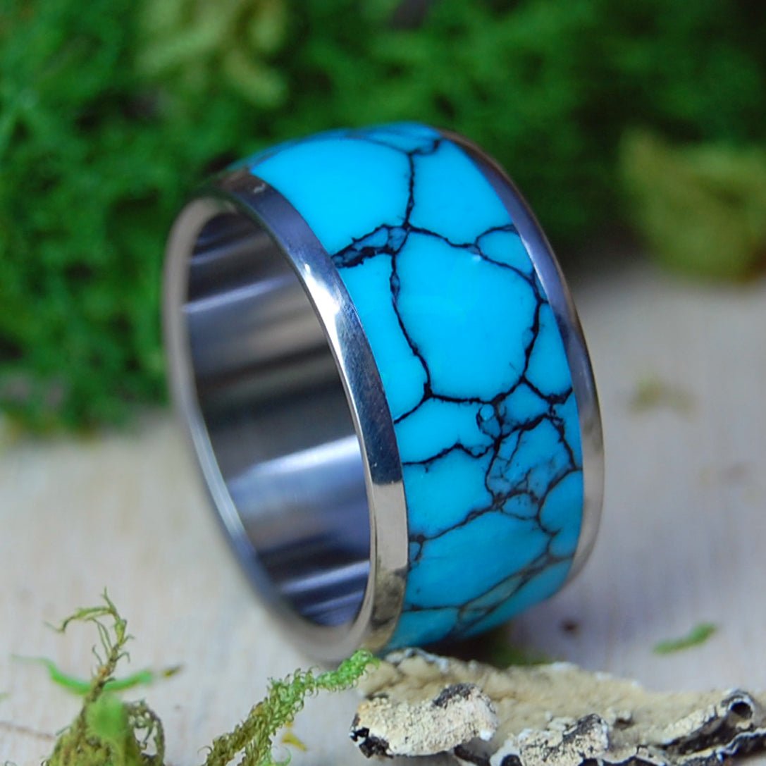 Atlantis Wide | Men's Turquoise Stone & Titanium Wedding Ring - Minter and Richter Designs