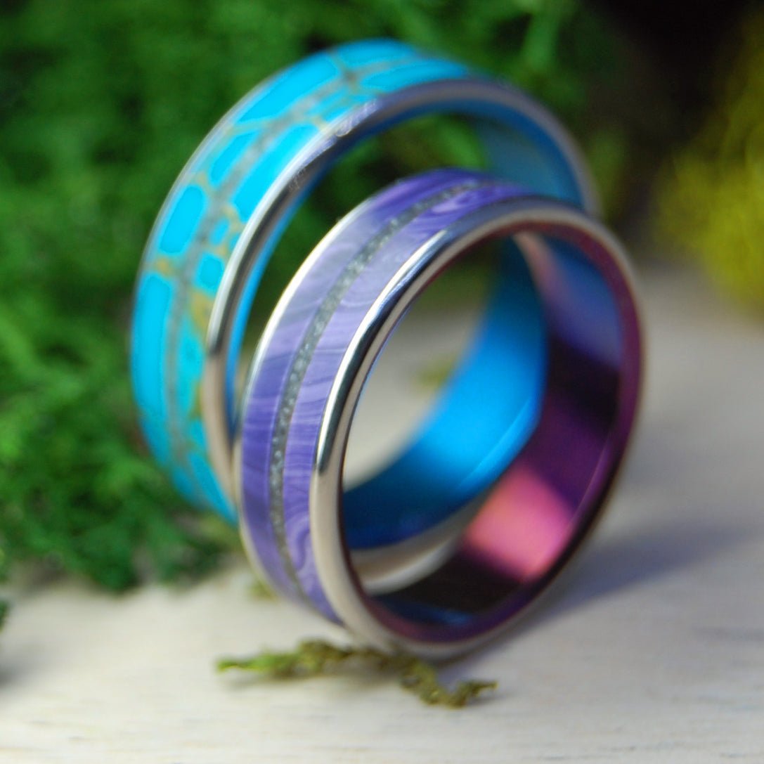 Avon Charoite Turquoise Set | North Carolina Beach Sand & Charoite Stone Titanium Wedding Rings - Minter and Richter Designs