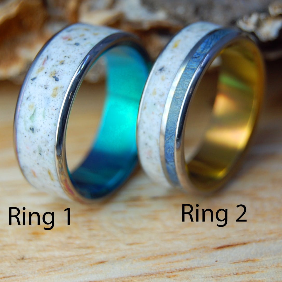 BAHIA HONDA BEACH SET | Bahia Honda Beach Sand, Box Elder Wood & Titanium - Unique Wedding Rings - Minter and Richter Designs