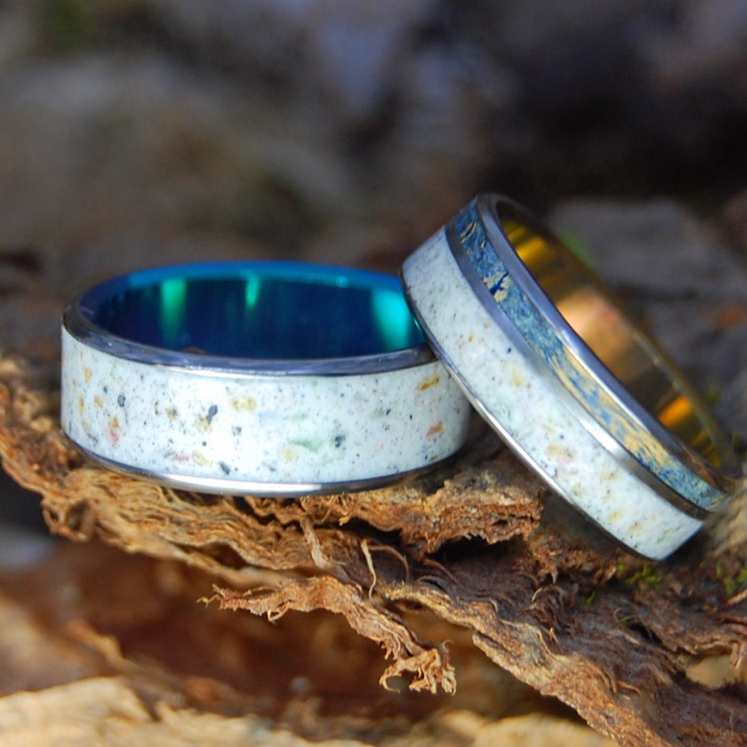 BAHIA HONDA BEACH SET | Bahia Honda Beach Sand, Box Elder Wood & Titanium - Unique Wedding Rings - Minter and Richter Designs