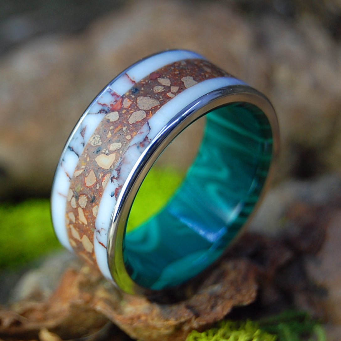 Ball From Fenway to Banff | Men's Baseball Pitchers Mound Dirt, Fenway Brick, Banff Park Canada Stones, Gold & Titanium Wedding Ring - Minter and Richter Designs