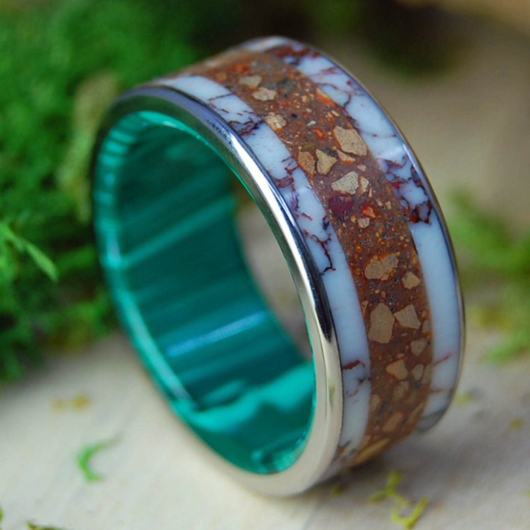 Ball From Fenway to Banff | Men's Baseball Pitchers Mound Dirt, Fenway Brick, Banff Park Canada Stones, Gold & Titanium Wedding Ring - Minter and Richter Designs