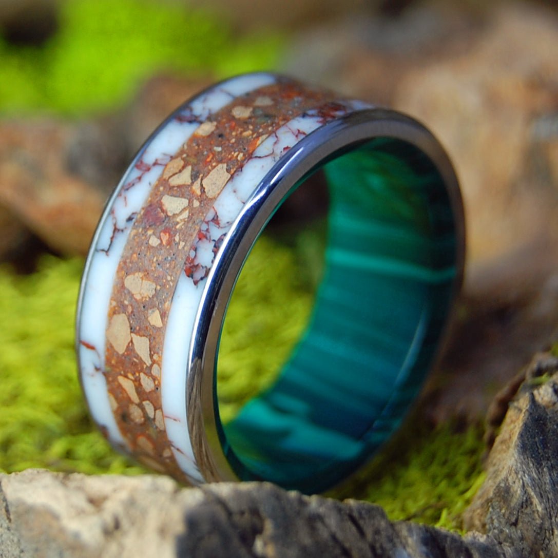 Ball From Fenway to Banff | Men's Baseball Pitchers Mound Dirt, Fenway Brick, Banff Park Canada Stones, Gold & Titanium Wedding Ring - Minter and Richter Designs