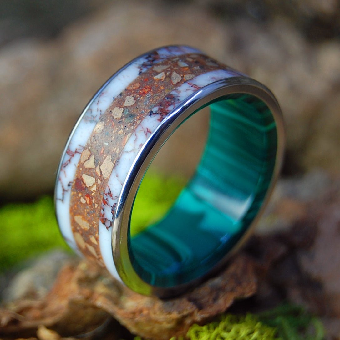 Ball From Fenway to Banff | Men's Baseball Pitchers Mound Dirt, Fenway Brick, Banff Park Canada Stones, Gold & Titanium Wedding Ring - Minter and Richter Designs