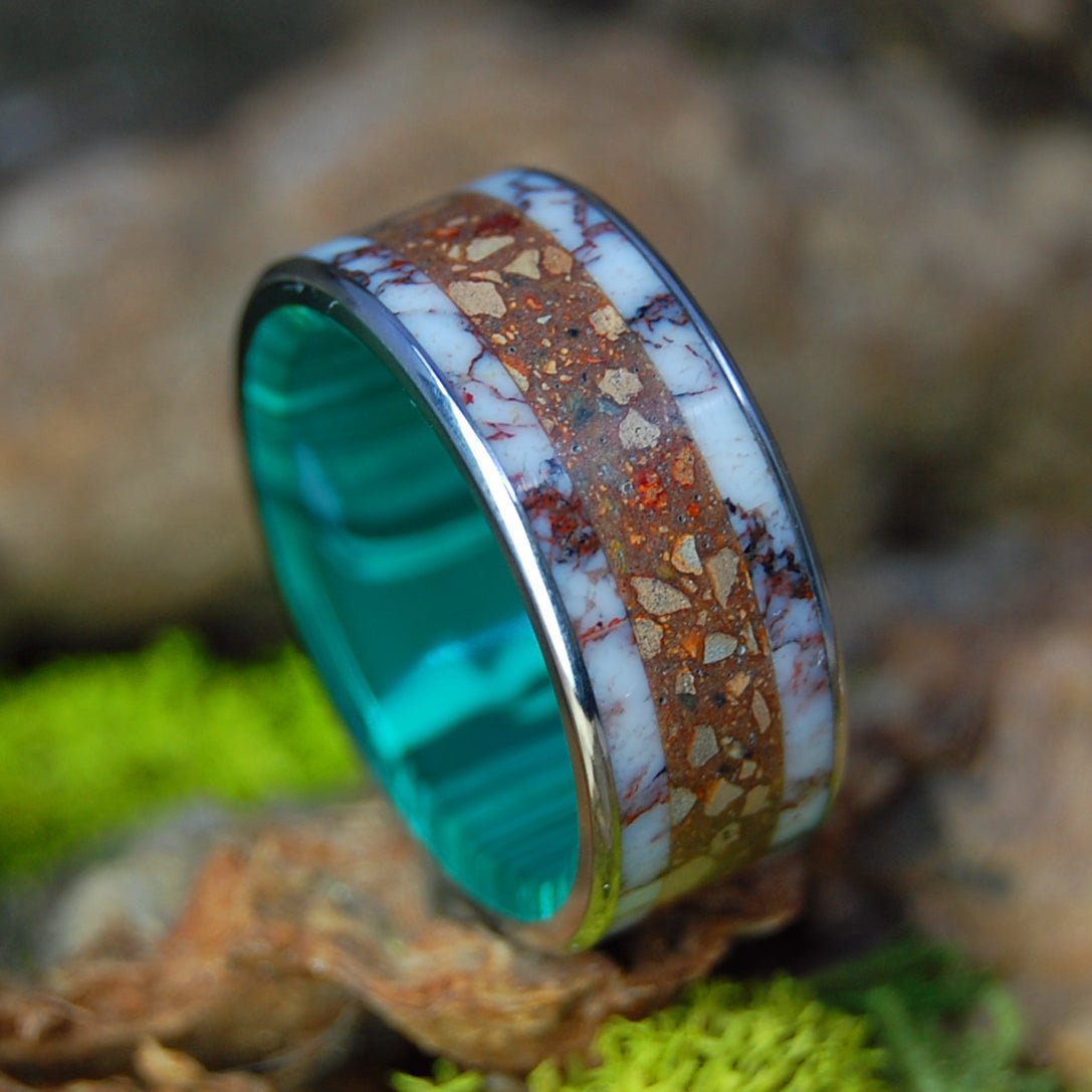 Ball From Fenway to Banff | Men's Baseball Pitchers Mound Dirt, Fenway Brick, Banff Park Canada Stones, Gold & Titanium Wedding Ring - Minter and Richter Designs