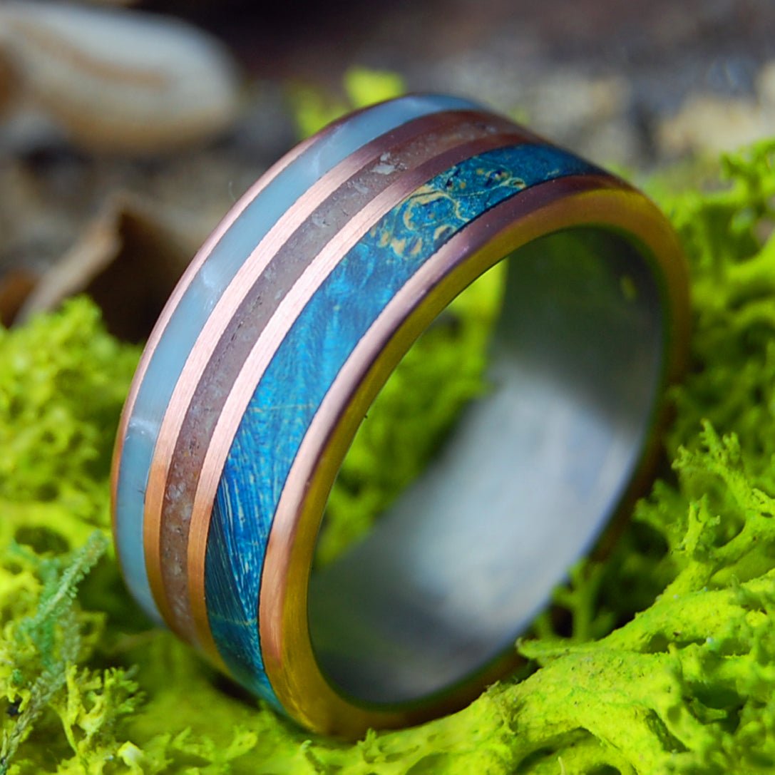 BEAR CLAW WIDE | Men's Blue Box Elder Wood, Bear Claw, Larimar Stone & Titanium Wedding Ring - Minter and Richter Designs